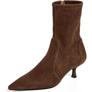 Women's Dark Brown Low Kitten Heel Ankle Shoes Pointed Toe Side Zipper Fall Boot